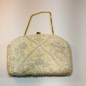 White Bead and Sequin Handbag-Clutch Bag-Hand Made in Hong Kong-1950&#39;s Bag