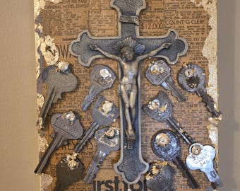 cross assemblage art mixed media altered art sculpture art vintage recycled collage handmade, faith religious  gift