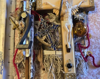 cross assemblage art mixed media found objects altered recycled collage sculpture