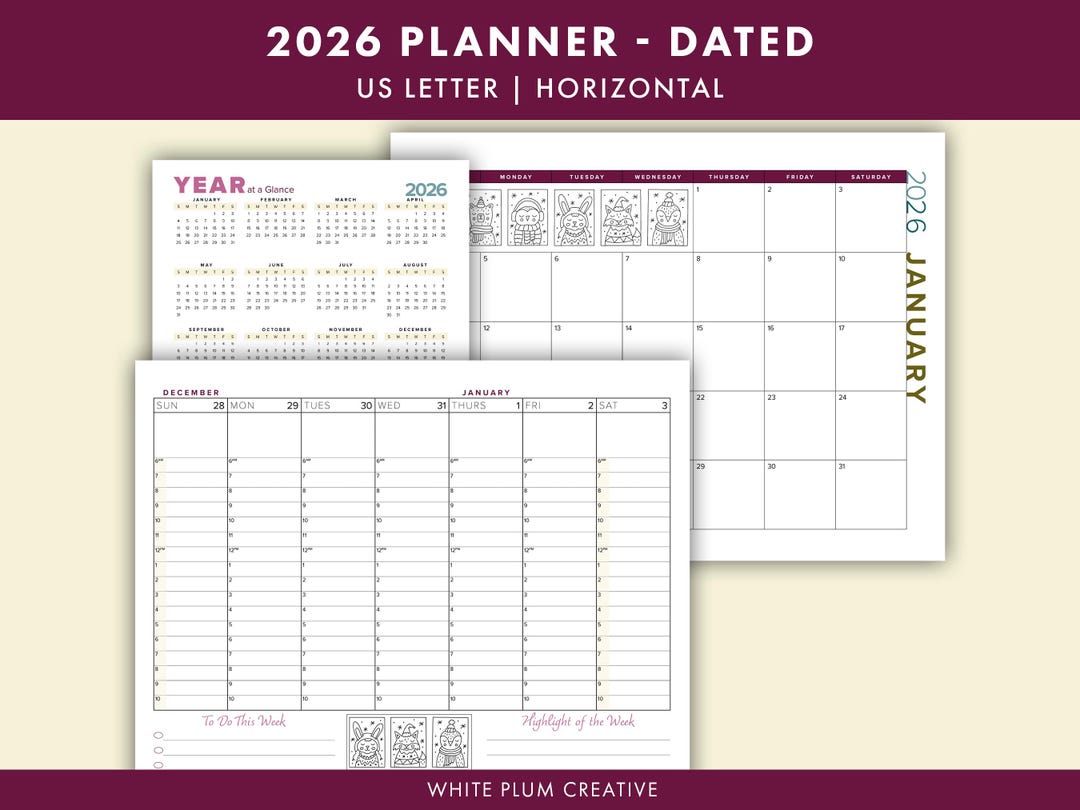 2026 Horizontal Planner, Printable Weekly & Monthly Planner PDF, Letter ...