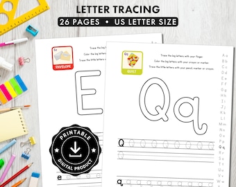 May include: Two white letter tracing worksheets for children, featuring large outlines of the letters E and Q, with instructions to trace and color. The pages include small illustrations of an envelope and a quilt, plus a vertical alphabet list.
