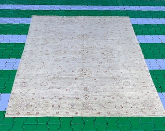 Alfombra Oushak vintage de 7x9: alfombra turca de lana anudada a mano