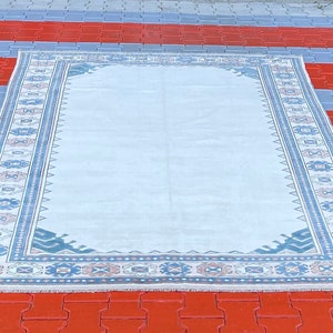 Tapis Oushak turc vintage : tapis en laine 6 x 9 noués à la main, décor bohème bleu