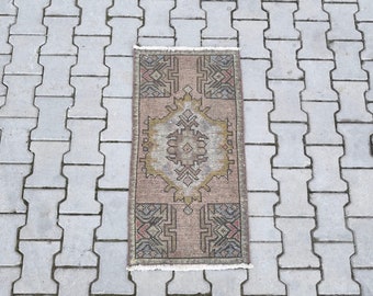Petit tapis Oushak, mini tapis vintage turc, Anatolie, laine, bohème, ancien, fait main, paillasson, livraison gratuite, taille 1,6 x 3,2 pi (49 x 97 cm)