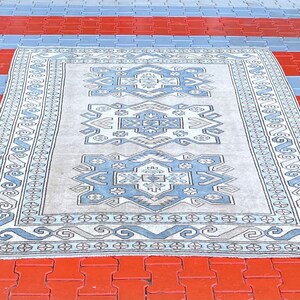 Tapis turc Oushak vintage : laine nouée à la main, bohème bleu (6,2 x 8,6 pi)