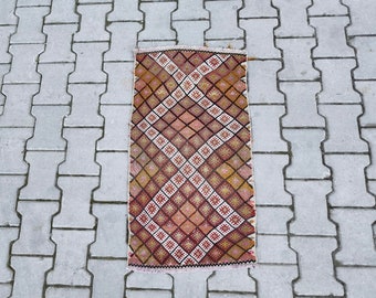 Petit tapis Oushak, mini tapis vintage turc, Anatolie, laine, bohème, ancien, fait main, paillasson, livraison gratuite, taille 1,5 x 2,9 pi (46 x 88 cm)