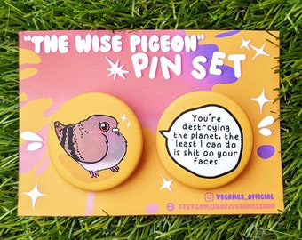 The wise pigeon pin set - Button badge set - Pigeon pin button