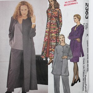 May include: McCall's sewing pattern 2363 for a long jacket, tunic, and trousers. The envelope features illustrations of three outfits: a grey pinstripe set, a long coat with a multi-coloured abstract print, and a solid purple jacket with a skirt.