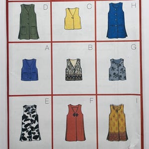May include: Butterick sewing pattern 6274 for waistcoats in sizes 20-22-24. The envelope features nine variations of sleeveless waistcoats in different colours and patterns, including solid green, yellow, blue, red, animal print, and floral designs with various closures.