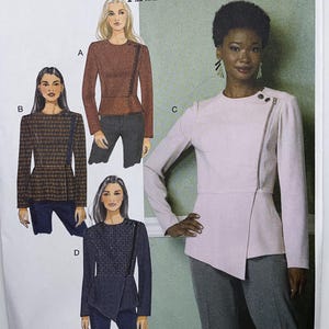 Pode incluir: Um padrão de costura Butterick, B6420, com ilustrações de tops femininos com designs assimétricos e detalhes de zíper. O padrão inclui tamanhos 14-22 e o texto "FINAL SALE".