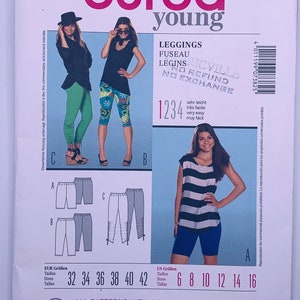 May include: Burda Young sewing pattern number 7382 for leggings. The pattern includes sizes 32 to 42 and 6 to 16. The pattern includes seam and hem allowances. The pattern is for leggings with a variety of styles.