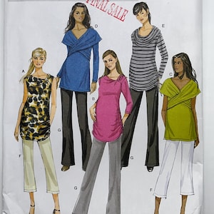 May include: Butterick sewing pattern B5796, size F5 (16-18-20-22-24), featuring illustrations of five tops and two trouser styles. The tops include a leopard print sleeveless cowl neck, a blue wrap top, a pink ruched top, a striped cowl neck, and a lime green wrap top.