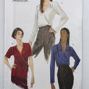 May include: A Very Easy Vogue sewing pattern envelope 9950 for sizes 6-8-10. The front displays three illustrations of wrap-style tops: a long-sleeved white top, a short-sleeved red top with side ties, and a long-sleeved blue pinstriped top with a collar.