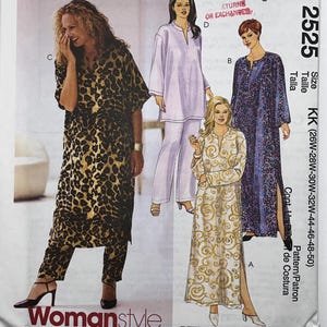 May include: Easy McCall's 2525 sewing pattern envelope for Womanstyle clothing. The cover features illustrations of four outfits: a leopard print tunic and trousers, a solid light purple tunic and trousers, a purple patterned dress, and a cream dress with gold swirls.