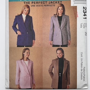 May include: A McCall's sewing pattern envelope for a classic fit jacket, labelled 2341, size 20. The front displays four variations of a long-sleeved blazer in blue, grey, light pink, and brown, each featuring a notched lapel and front pockets.