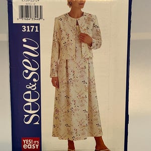 May include: A See & Sew pattern envelope 3171 featuring a long, cream-colored dress and a matching cropped jacket, both decorated with a delicate floral print in shades of brown, pink, and green. The text 3171, See & Sew, and YES! IT'S easy are visible.
