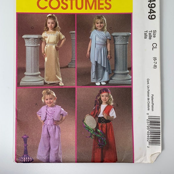 McCall's Costumes M4949 Patrón de costura de disfraces para niños Princesa Genie Gitana o Cleopatra Tallas 6-7-8 UNCUT
