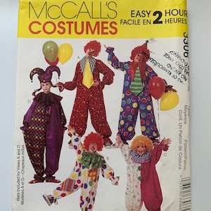 May include: A sewing pattern for four clown costumes. The pattern includes instructions for making a traditional clown costume with a red and white polka dot jumpsuit, a clown hat, and a red wig. The pattern also includes instructions for making a jester costume with a purple and black checkered jumpsuit, a jester hat, and a purple wig. The pattern is for easy 2-hour costumes.
