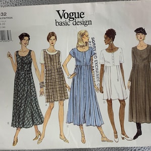 May include: Vogue basic design sewing pattern 1532 featuring five dress designs. The pattern includes a variety of styles, including a floral print dress, a plaid jumper, a striped button-down dress, a white dress, and a long-sleeved brown dress.