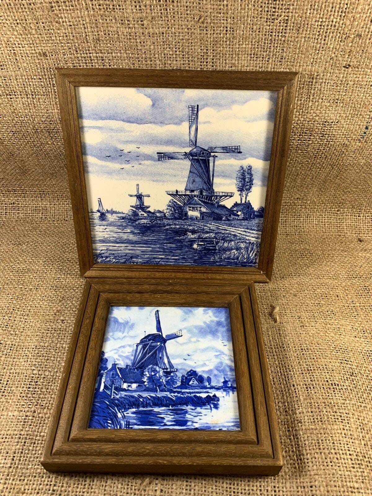 ヴィンテージ デルフトブルー 風車タイル ペア：額入りオランダ風