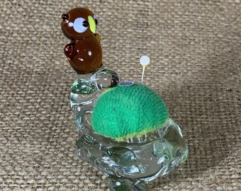 Vintage Hand Blown Glass Owl on Turtle Pin Cushion 2.5”