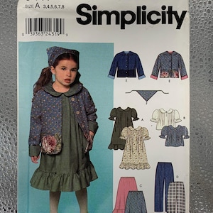 May include: Simplicity sewing pattern 9417 for girls' clothing. The pattern includes a dress, jacket, skirt, and trousers. The jacket has a floral pocket. The dress and skirt have a ruffled hem. The pattern is size A, 3,4,5,6,7,8.