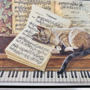 Chat endormi sur piano, kit de bricolage 3D pour découpage en papier, taille 20 x 10 po.