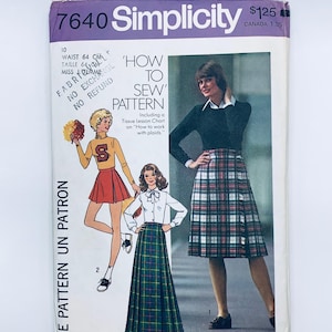 May include: Simplicity sewing pattern number 7640, "How to Sew" pattern, for a plaid skirt. The pattern includes a tissue lesson chart on how to work with plaids. The pattern is for sizes 64 cm waist.