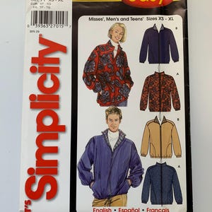May include: A sewing pattern for a jacket with a zip closure. The pattern is for sizes XS to XL and includes instructions for misses, men, and teens. The pattern is from Simplicity and is labelled "It's so easy".