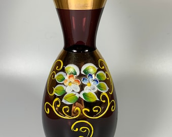 Boho amethist glazen vaas: handgeschilderde bloemen, gouden rand, gegolfde bovenkant