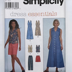May include: A Simplicity sewing pattern envelope 8205 for dress essentials, size K 8, 10, 12. The cover displays illustrations of sleeveless button-front dresses, a vest, trousers, and shorts in various floral and solid fabrics, with two models.