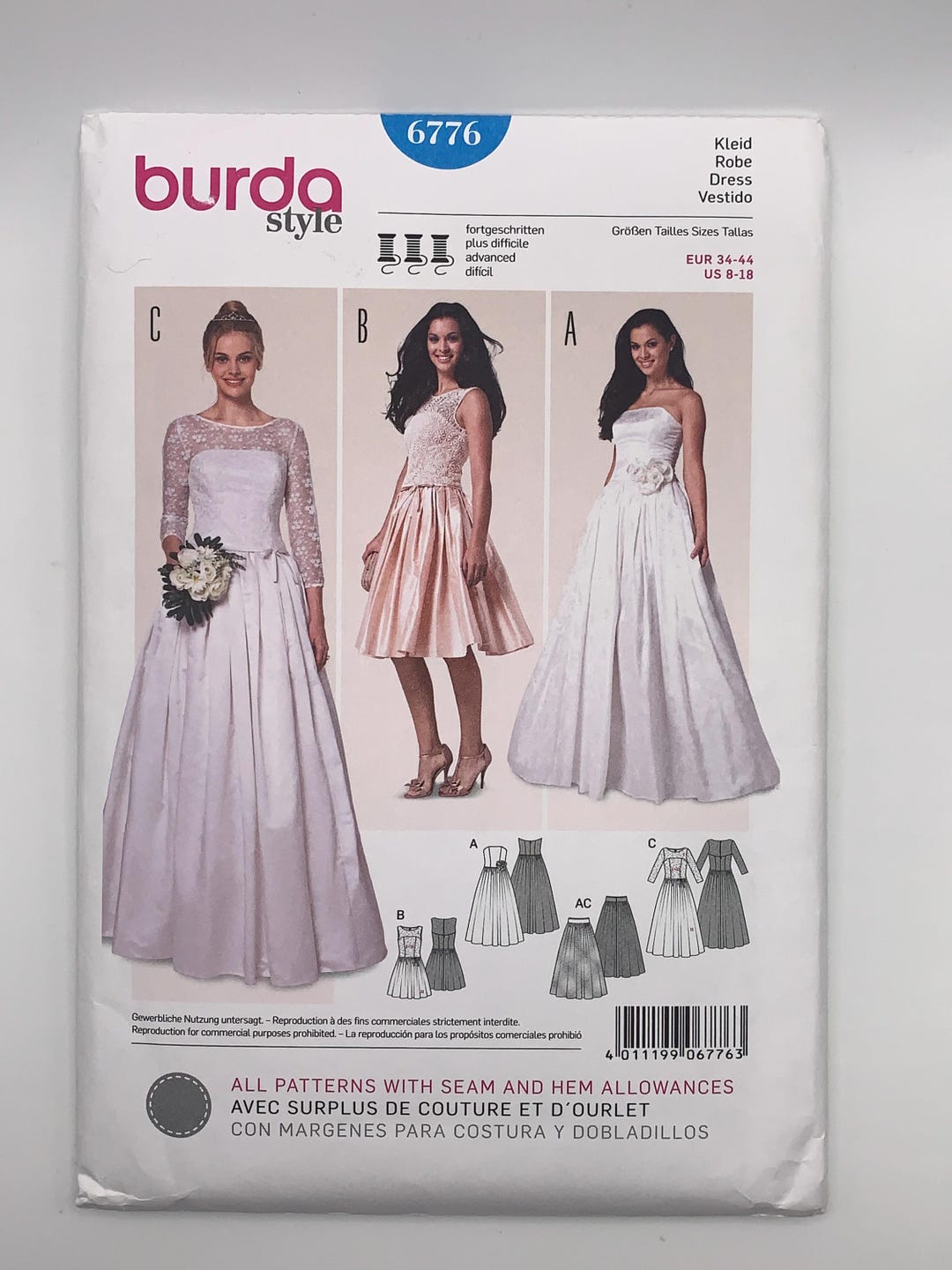 Burda Style Bridal Gown Sewing Pattern #6776: Bodice Variations, Sizes ...