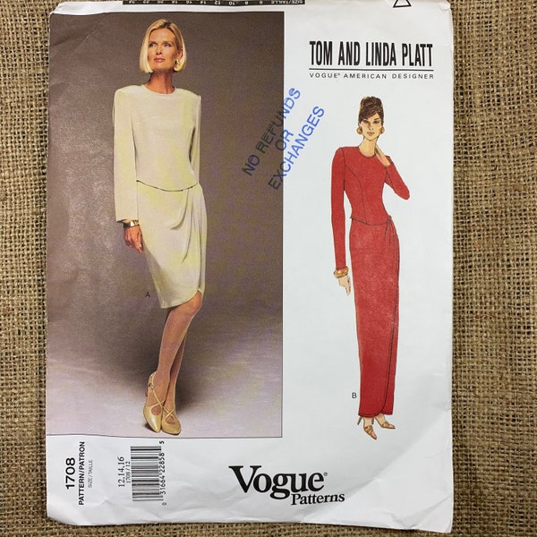 Wrap Dress Size 12-16 Vogue 1708 Long Sleeve Dropped Waist Mock Wrap Dress With Tulip Hem Sewing Pattern Tom & Linda Platt