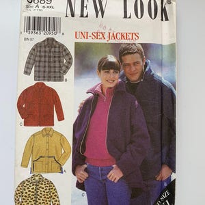 May include: A sewing pattern for unisex jackets. The pattern includes four different jacket styles: a plaid jacket, a red jacket, a tan jacket, and a leopard print jacket. The pattern is for sizes S-XXL and is from New Look.