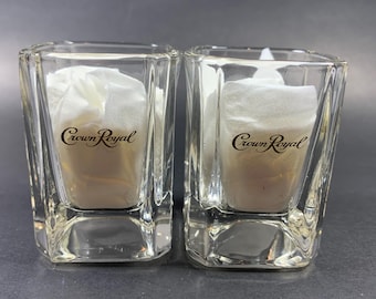 Vintage Crown Royal Canadian Whisky Square Shot Glass Gold Emblem - Set of 2