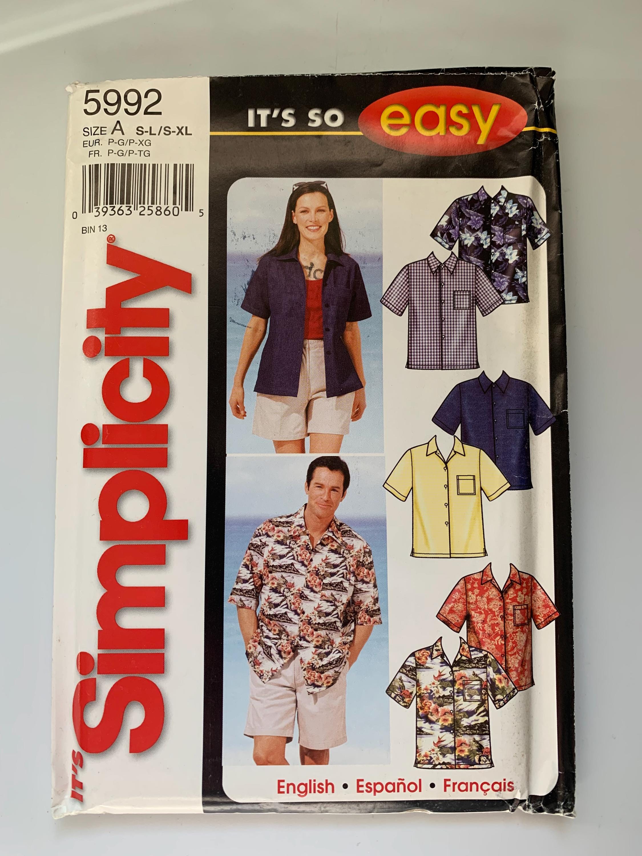 トップス M Simplicity 5992 Shirt Sewing Pattern: Men's & Women's Button-up