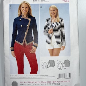May include: A sewing pattern package featuring two jacket designs. One jacket is navy blue with gold trim and buttons, paired with red pants. The other is a striped jacket with white shorts. The package includes the Burda Young logo and size information.