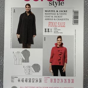 May include: A Burda Style sewing pattern featuring coat and jacket designs. The cover displays images of finished garments, including a dark gray coat and a red jacket with a ruffled collar. The pattern includes sizes 18-30.
