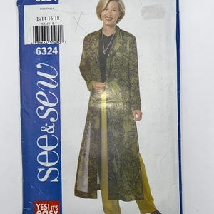 May include: A See & Sew 6324 sewing pattern envelope featuring a long, olive green patterned duster coat, a black top, and solid yellow trousers. The packaging displays the model wearing the outfit, the number 6324, and the text Yes! It's easy.