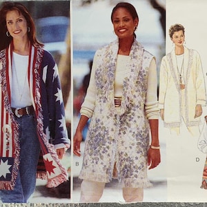 May include: A multi-panel image showcasing women's fashion. One woman models a navy blue cardigan with white stars and red stripes. Another wears a floral vest. The image also includes fashion illustrations of similar garments.