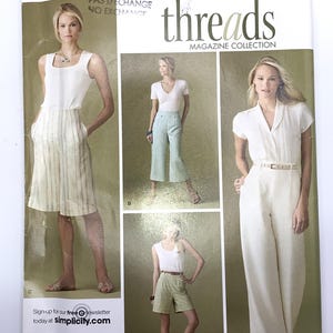 May include: Simplicity Threads magazine collection sewing pattern. The cover shows women in shorts, trousers, and tops. The pattern sizes are AA 10, 12, 14, 16, and 18. The text reads "Step by step to sewing success!" and EUR sizes 36-44.