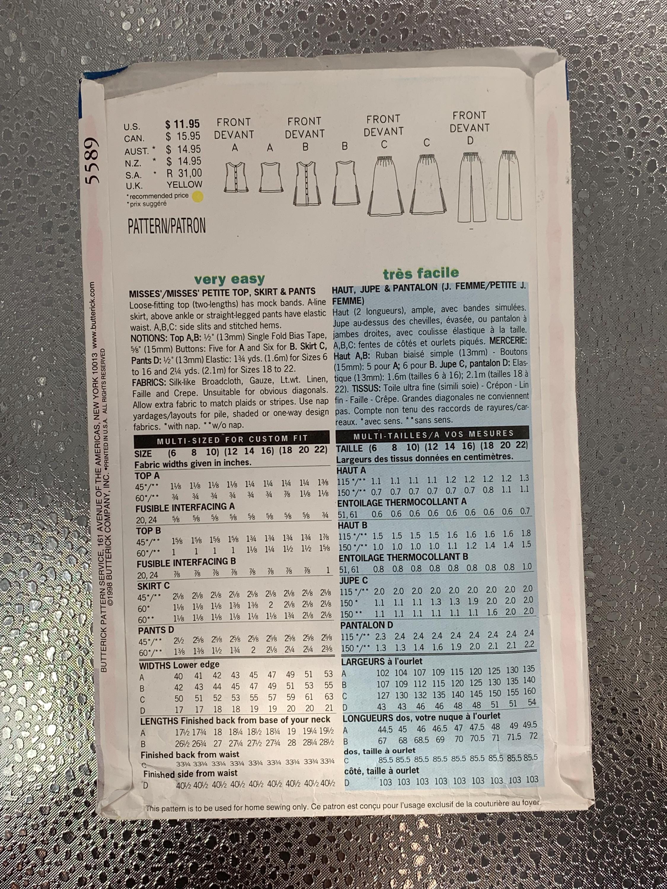 Butterick 5589 Sewing Pattern: 90s Top, Skirt & Pants - Sizes 18-22 ...