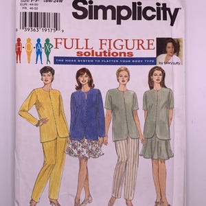 May include: Simplicity sewing pattern number 7239 for full figure solutions. The pattern includes instructions in English, French, and Spanish. The pattern features four women wearing different outfits, including a skirt and trousers, a jacket and trousers, a blouse and trousers, and a blouse and skirt. The pattern is for sizes 18W-24W.
