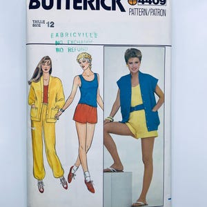 May include: A vintage sewing pattern for women's clothing. The pattern is for a sleeveless top, shorts, and trousers. The pattern is from Butterick and the pattern number is 4409. The size is 12.