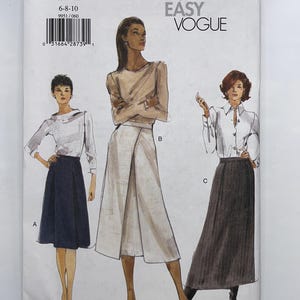 May include: A Very Easy Vogue sewing pattern envelope 9951 for sizes 6-8-10. The front displays three illustrations of outfits: A, a white top with a dark skirt; B, a beige top with a light skirt; and C, a white button-down shirt with a dark skirt.
