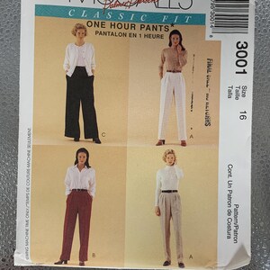 May include: McCall's Classic Fit One Hour Pants sewing pattern. The pattern features four different styles of trousers, with images of the finished garments. The pattern includes the size 16. The text "FINAL RETURNS" is visible.
