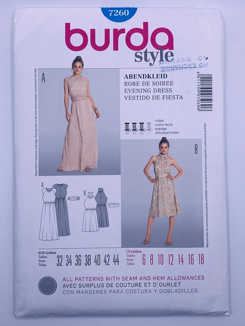 Burda Style Evening Dress Sewing Pattern 7260 Sizes 6810141816 EUR