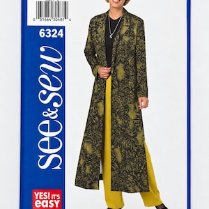 May include: A See & Sew sewing pattern envelope 6324 featuring a long-sleeved, floor-length duster coat with a black and olive green floral print, worn over a black top and mustard yellow trousers. The package includes size C/20-22-24.