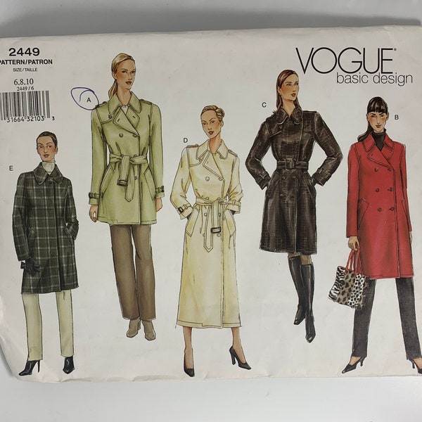 Vogue 2449 Double-breast Trench Coat Sewing Pattern in Sizes 6-8-10 UNCUT