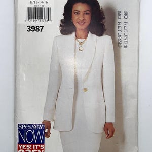 May include: A See & Sew sewing pattern envelope 3987 featuring a white blazer and matching skirt. The package displays the text 3987, see & sew, size B/12-14-16, and NOW YES! IT'S easy. The pattern shows a white jacket with a single button and a skirt.